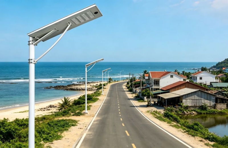 Rapport d'essai sur le terrain après un an : Installation de 600 lampadaires solaires radar XCPB 60W sur 12 km de route côtière brumeuse au Vietnam