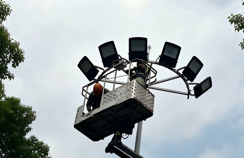 Rénovation de l'éclairage LED d'un terrain de football à 7 (remplacement des lampes MH de 800 W par des LED de 400 W)