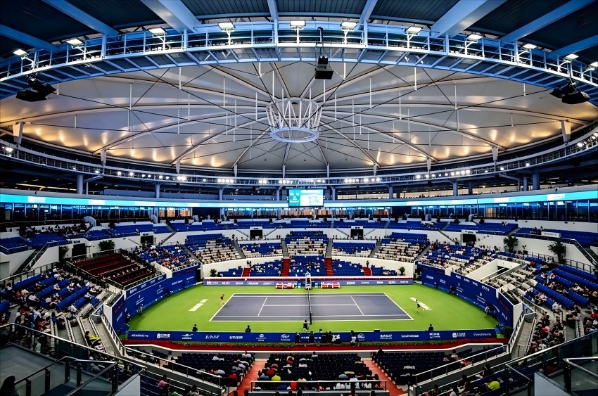 4.catwalk mounted tennis floodlight installation indoor stadium maintenance friendly design