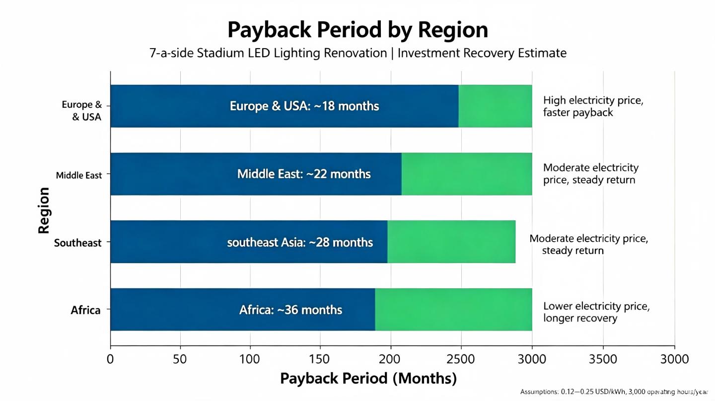 Bar chart of payback period for LED lighting renovation in four global regions 