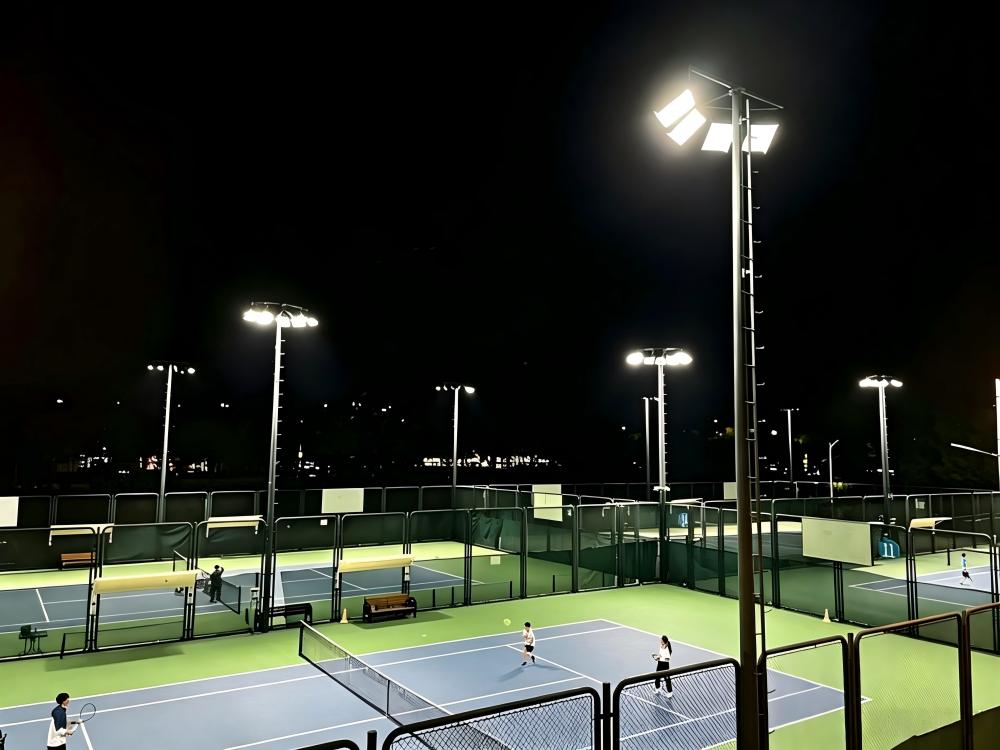 Sharedpole optimized layout for adjacent double tennis courts to reduce project cost