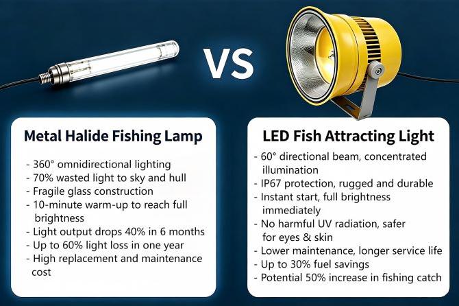 Comparaison complète des lampes LED marines pour l'attraction des poissons et des lampes aux halogénures métalliques : projet de rénovation de navires à Lingao