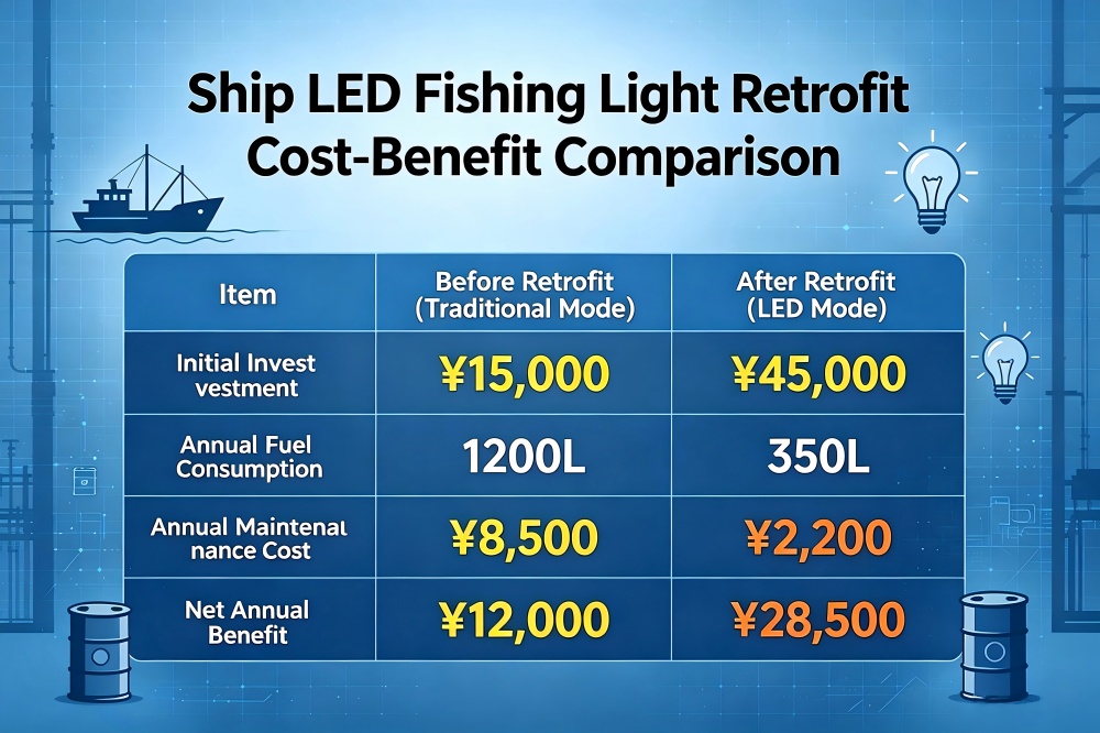 Marine LED fish light retrofit cost saving comparison chart, fuel & maintenance data Marine LED fish light retrofit cost saving comparison chart, fuel & maintenance data