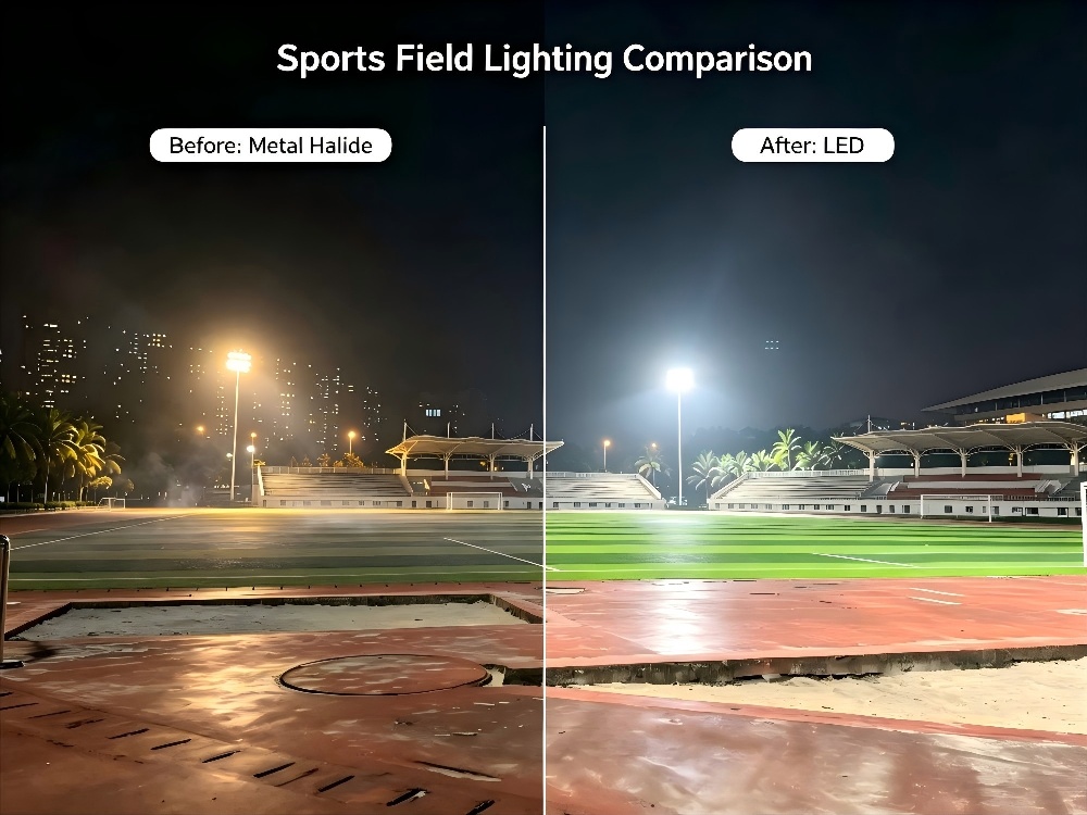 Old metal halide lamps on stadium pole before upgrade Old metal halide lamps on stadium pole before upgrade