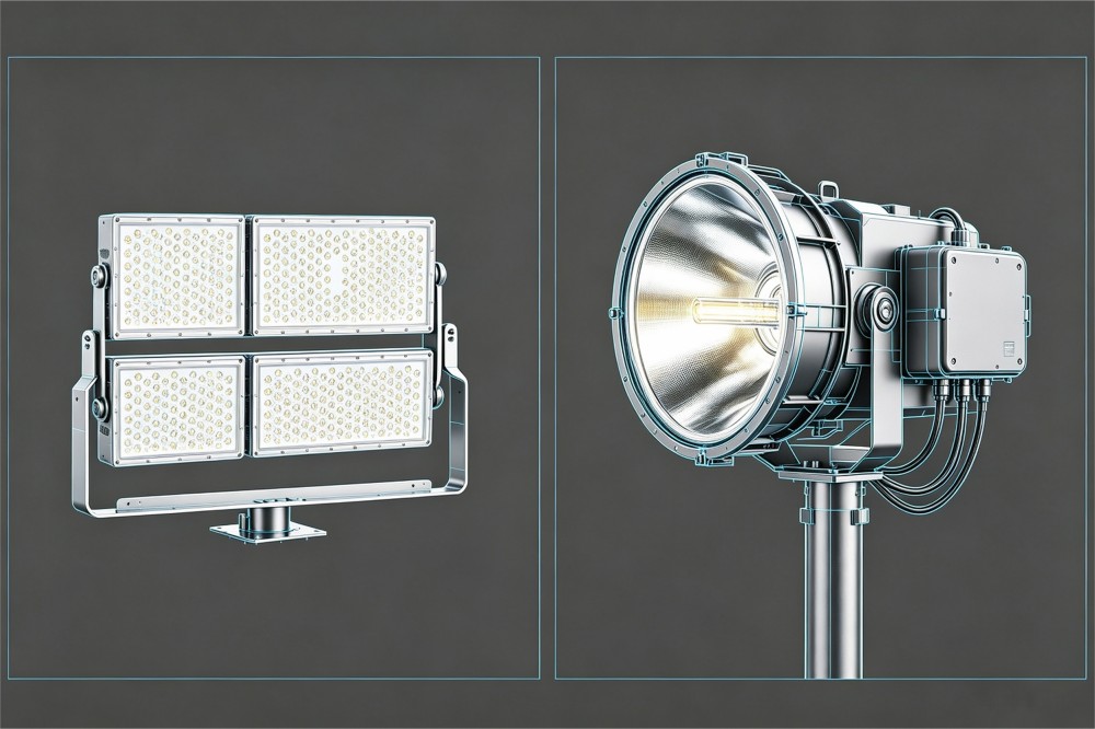 Side-by-side comparison of modular and integrated LED stadium flood light structure