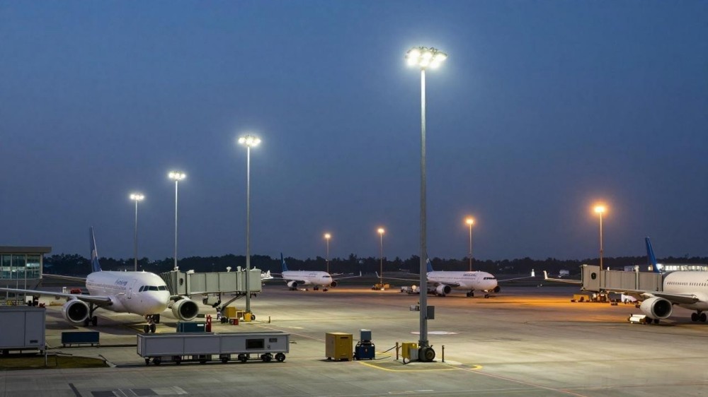 New airport apron high mast light installation for airport construction project