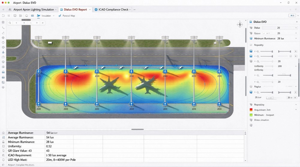 Dialux lighting simulation report for airport apron high mast lighting